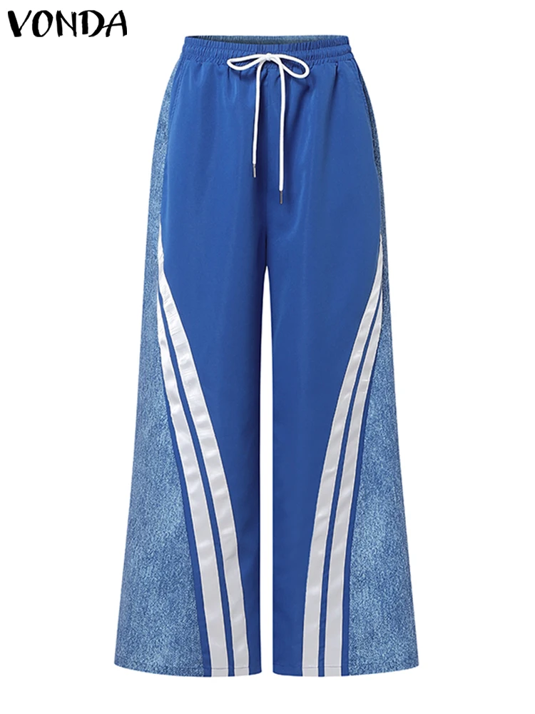 حجم كبير 5XL VONDASummer السراويل النساء أنيقة المرقعة بنطلون 2025 مرونة الخصر عادية طويلة بنطال ذو قصة أرجل واسعة قيعان فام