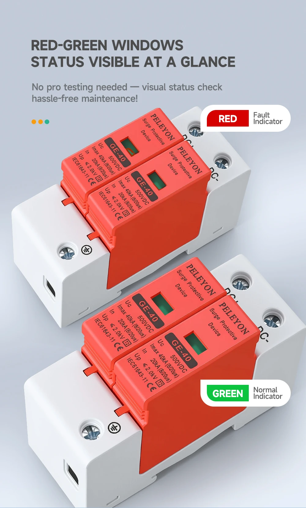 PELEYON 1 Stück DC 800/1000/500/600V Überspannungsschutz Grau SPD 20KA~40KA 10KA~20KA Niederspannungs-Schutzgerät – Detail 3