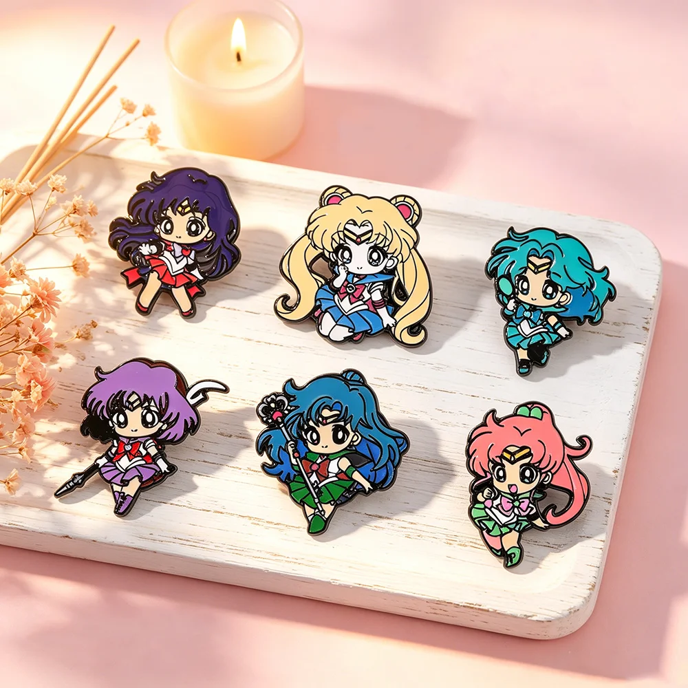 Chibi Sailor Moon Enamel Pins Anime Character Lapel Brooch Badge for Backpack Clothing Jewelry Fan Gift Sailor Scouts