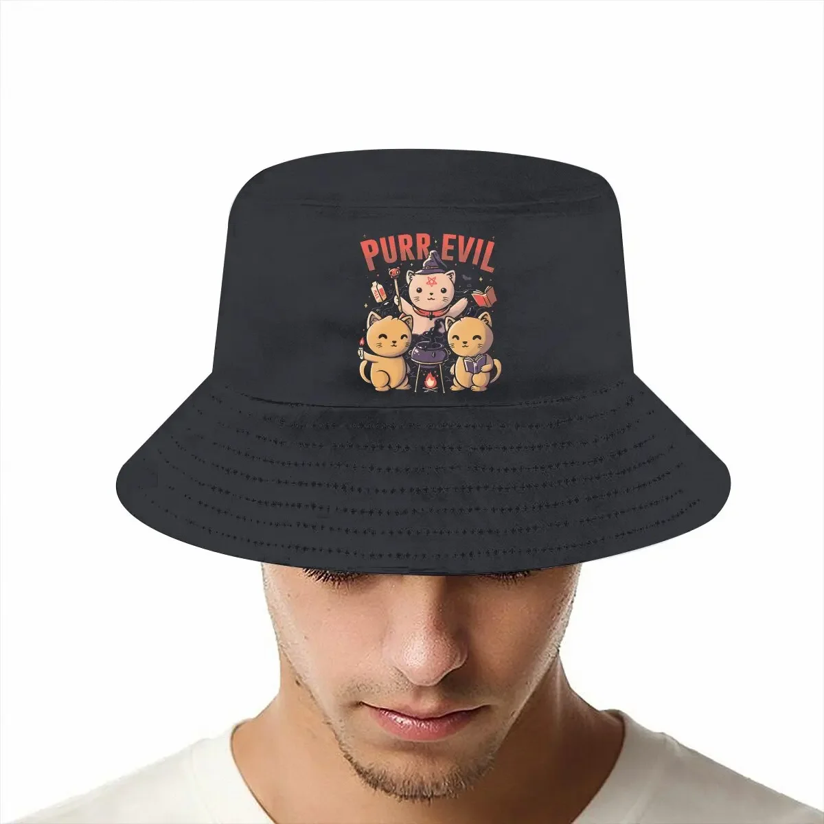 Purr Evil Unisex Bucket Hats Baphomet Satan Lucifer Hip Hop Fishing Sun Cap Fashion Style Designed