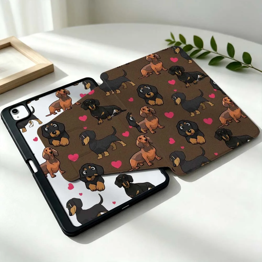Cartoon Dachshund Heart For Samsung Galaxy Tab S11 S10 S9 S8 A11 FE Plus Ultra 360° Rotation Stylus Storage Tablet Case