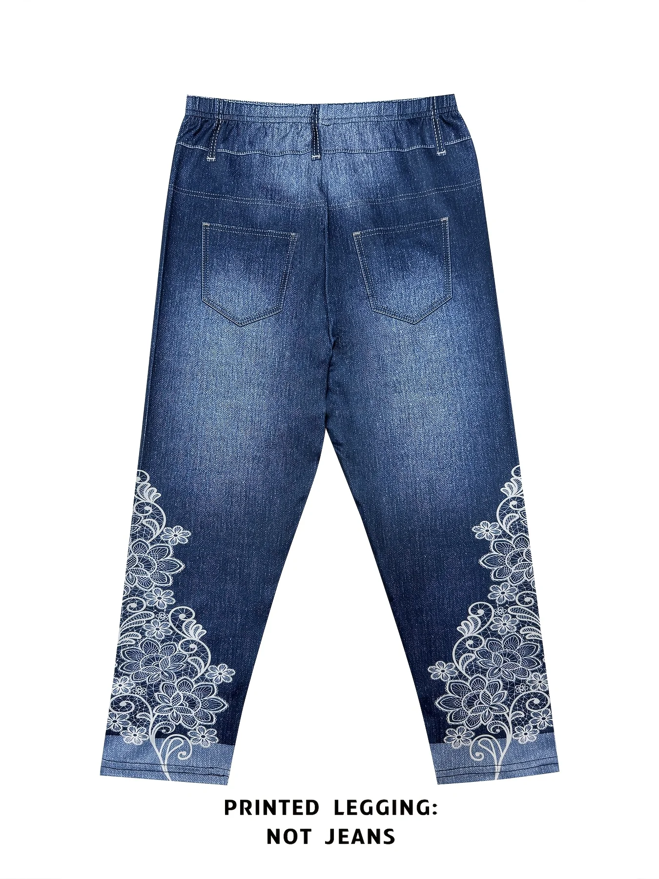 Bedruckte Leggings, kein Denim-Stoff, Caprihose mit aufgedruckter, aber nicht vorhandener Tasche und Knopf, hochelastische, neue, modische Skinny-Hose. – Detail 5