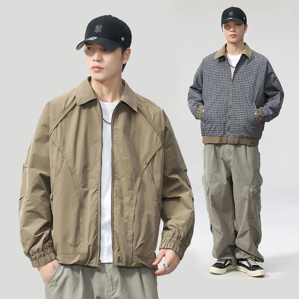 

Double Sided Wearable Jacket Men Autumn Streetwear Fashion Causal Loose Splice Plaid Cargo Jacket Cityboy Coat Outerwear