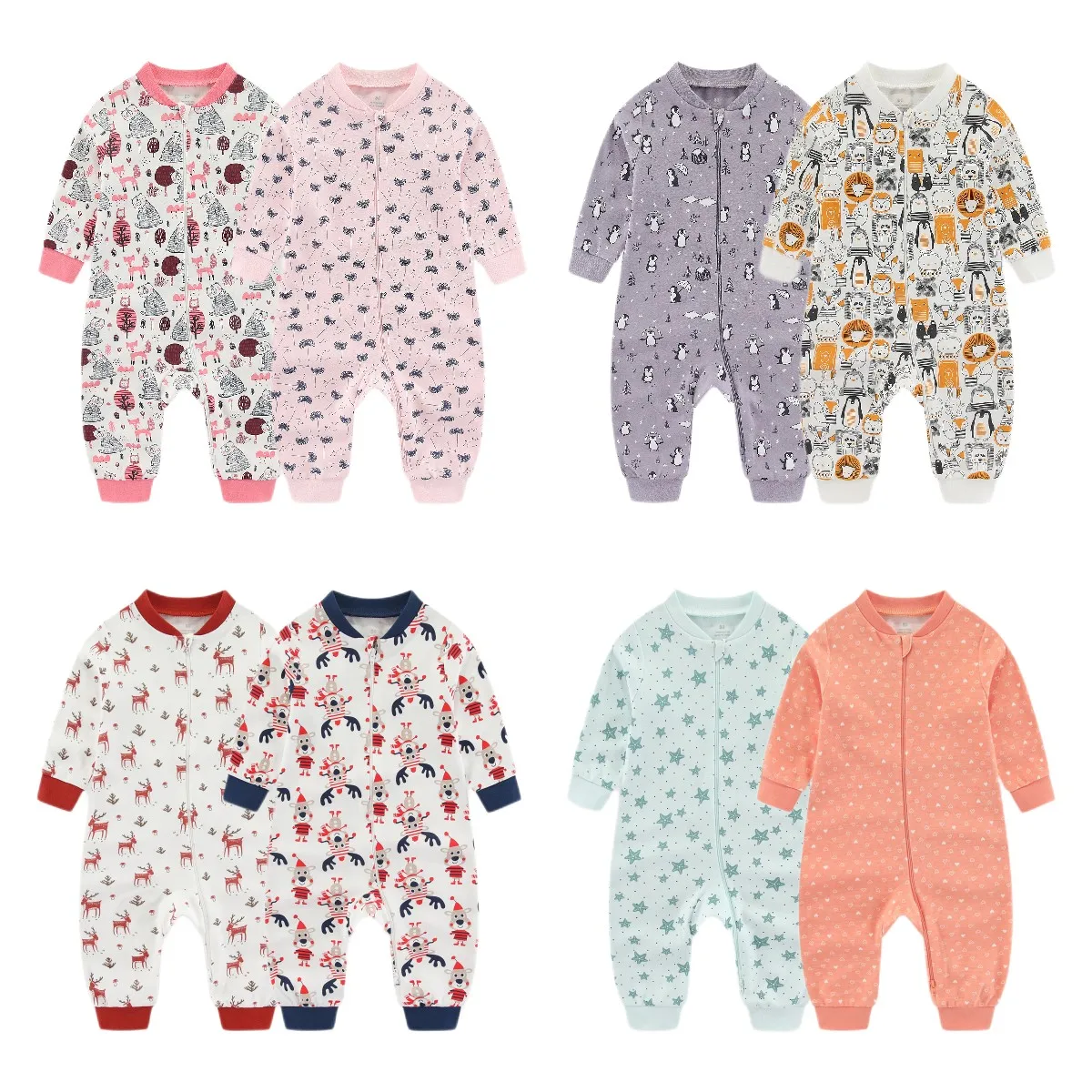 2-Piece Cartoon Unisex Baby Jumpsuits 6-24M Baby Boy Girl Rompers Long Sleeves Infant Zipper Sleeping Clothes