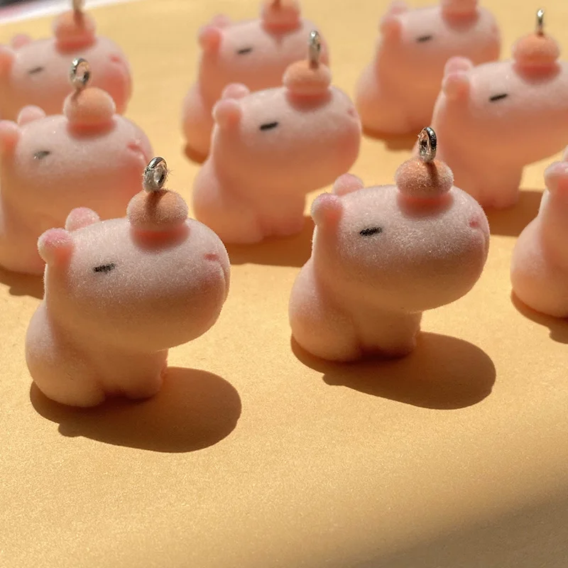 10/20/30pcs Flocked Pink Capybara Resin Charms Bulk Animal Pendant For Earring Keychains Diy Jewelry Make