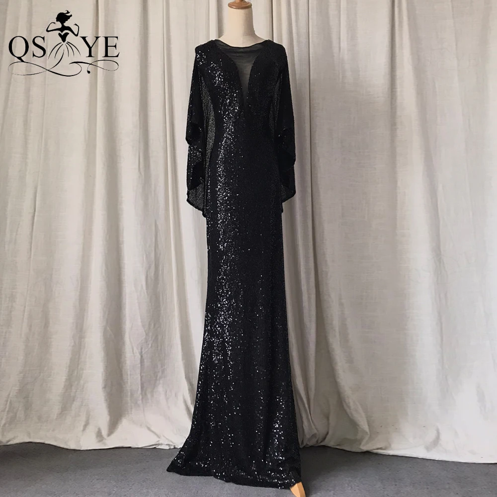 

Bat Sleeves Black Evening Dresses Mermaid Short Sleeves Sexy V Neck Sequin Prom Gown Elegant Glitter Formal Party Shiny Dress