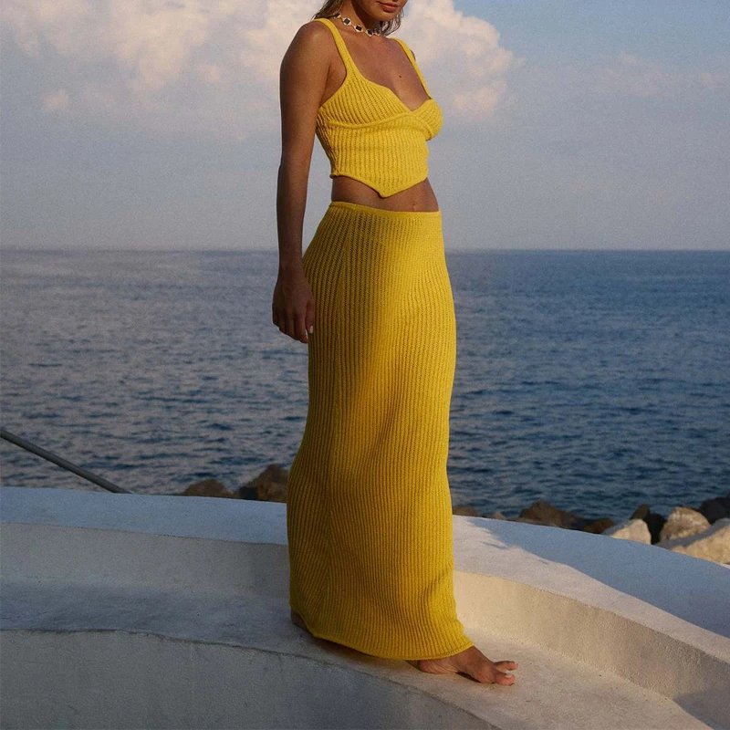 Sexy Strap Top Rok Gebreide Set Vrouwen Slanke Jarretel Top Tweedelige Outfits Vrouwelijke 2025 Zomer Nieuwe Vakantie Strand Pak streetwear