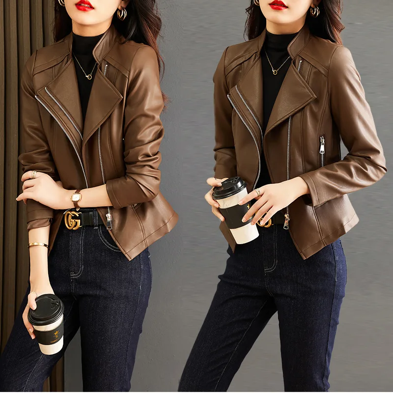 

2024 Spring and Autumn New Suit Collar Motorcycle Genuine Leather Coat Women's Short Versatile Sheepskin Jacket Small Coat Women