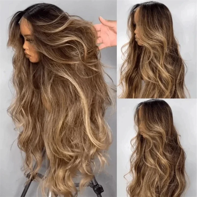 شعر مستعار طويل للغاية مموج أومبير سمراء بني يسلط الضوء على Balayage الاصطناعية HD الدانتيل شعر مستعار أمامي خط الشعر مع شعر الطفل #1