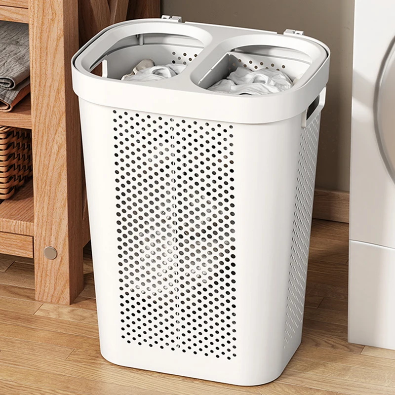 Covered Multi-section Laundry Bin Ventilated Bath Clothes Organizer Wide-mouth Design Portable Handle Classified Storage
