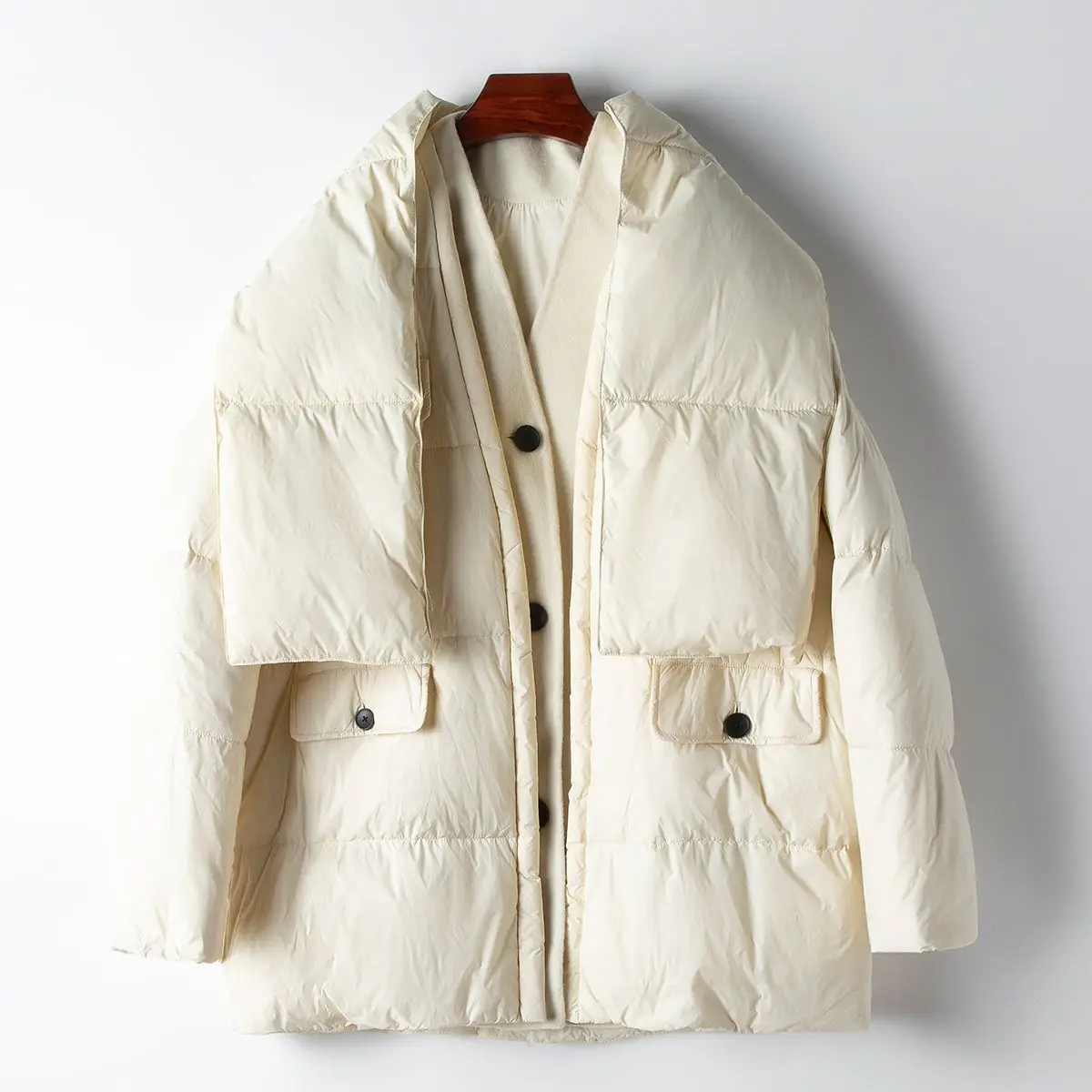 Live streaming product 2024 spring 90 white duck down jacket with patchwork woolen casual V-neck warm jacket for women