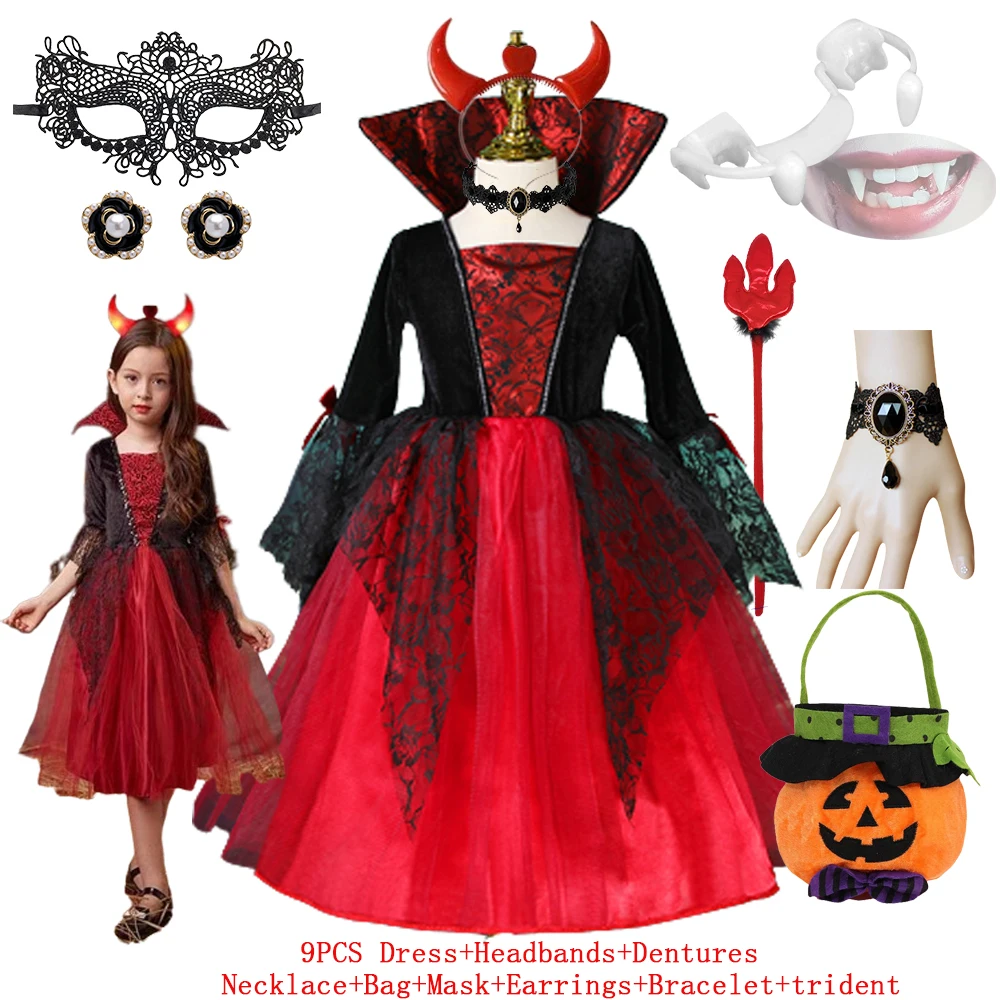 Vampire Cosplay Costume para crianças, Princesa vestidos para meninas, Vampiros Tooth Costumes, Halloween Costume para meninas, Conde Vampiran