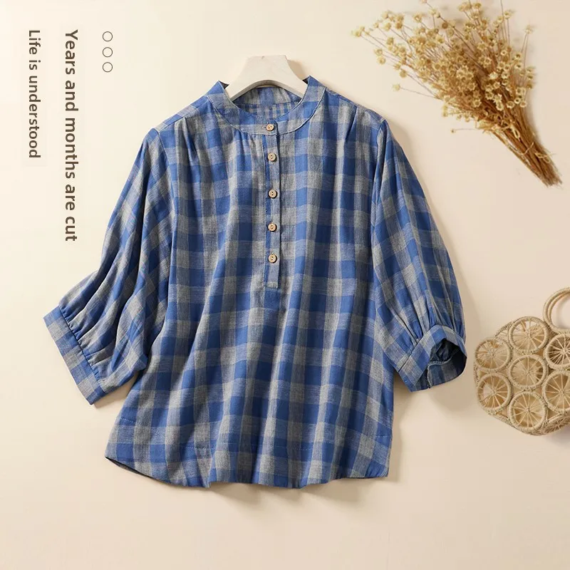 

Spring Summer Women's Loose Cotton Linen Shirt Half Sleeve Plaid Double Layer Cotton Yarn Artistic Seven Sleeve Loose Fit Top
