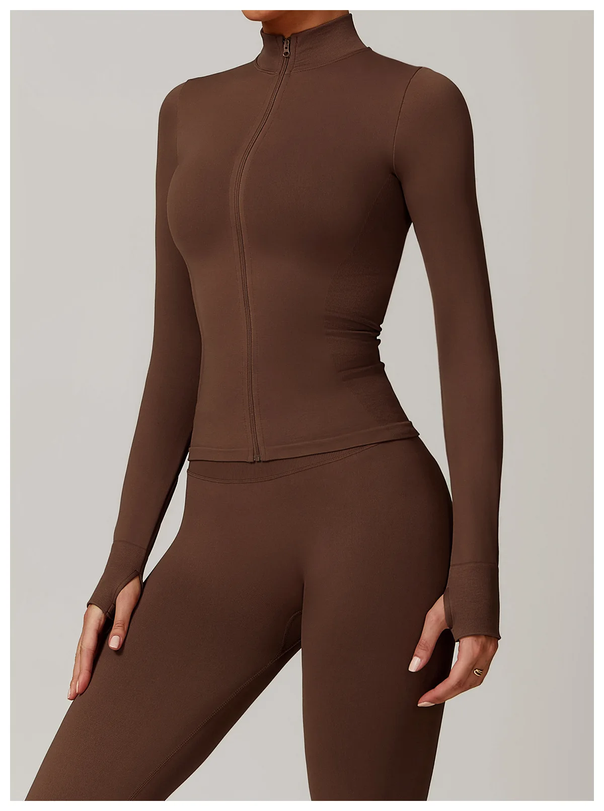 Women's Seamless Long Sleeve Yoga Top Ribbed High Neck Full Zip Slim Fit Sports Jacket Thumb Hole Workout Gym Running Activewear