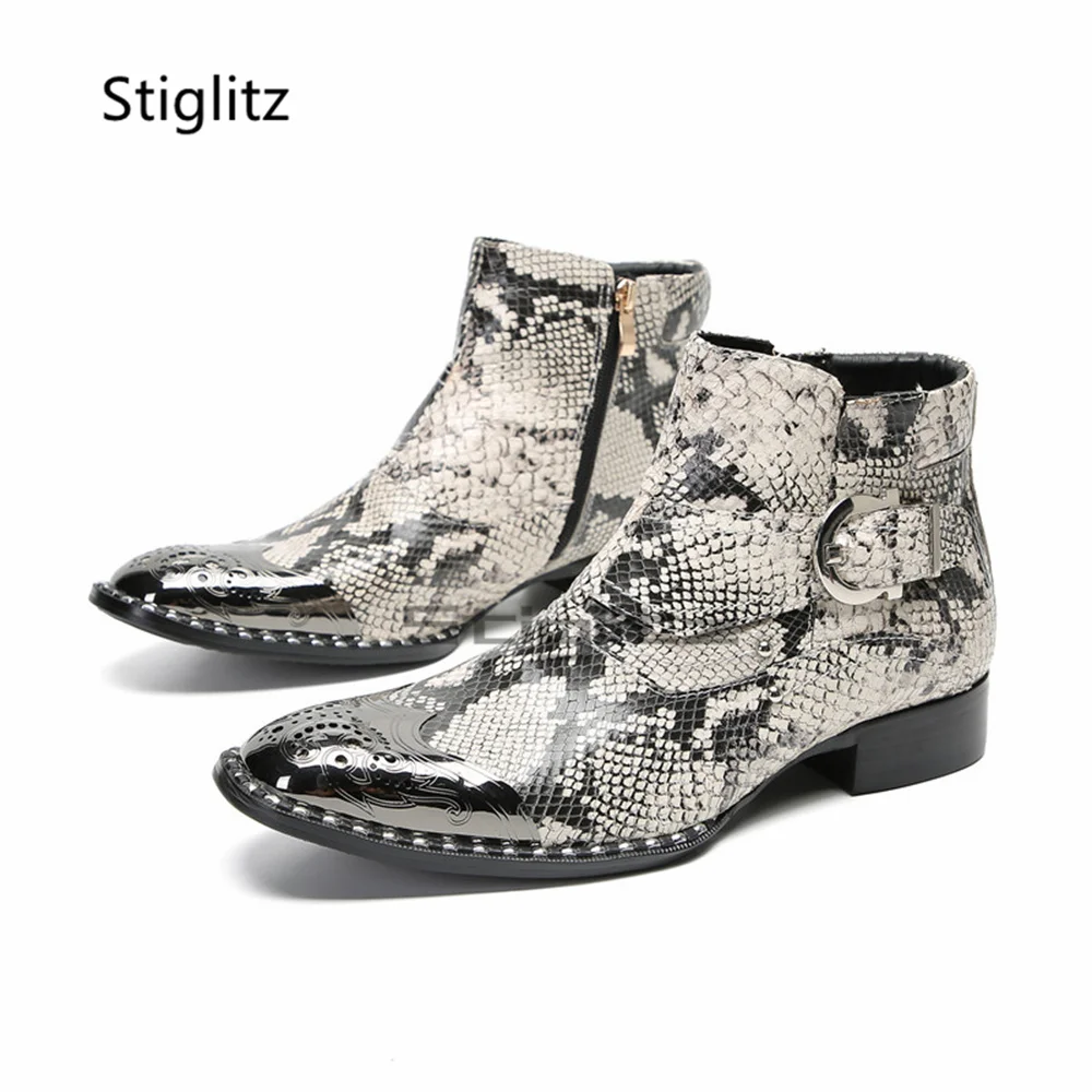 Snake Print Ankle Boots for Men Metal Buckle Round Toe Low Heel Chelsea Booties Spring Autumn Party Shoes Side Zipper Male Shoes