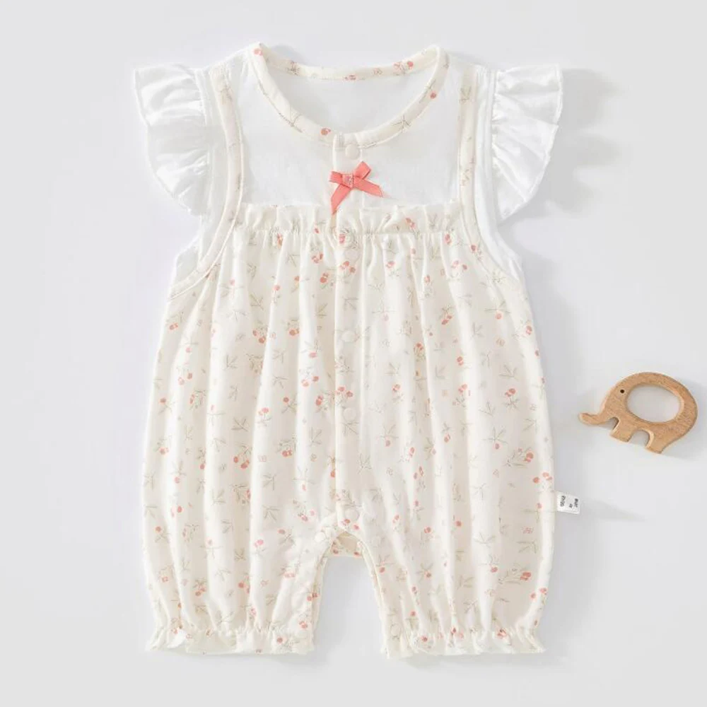 

Newborn Summer Clothes 100% Cotton Floral Baby Girl Romper Flutter Short Sleeve Sleeve Patchwork Thin Infant Jumpsuit