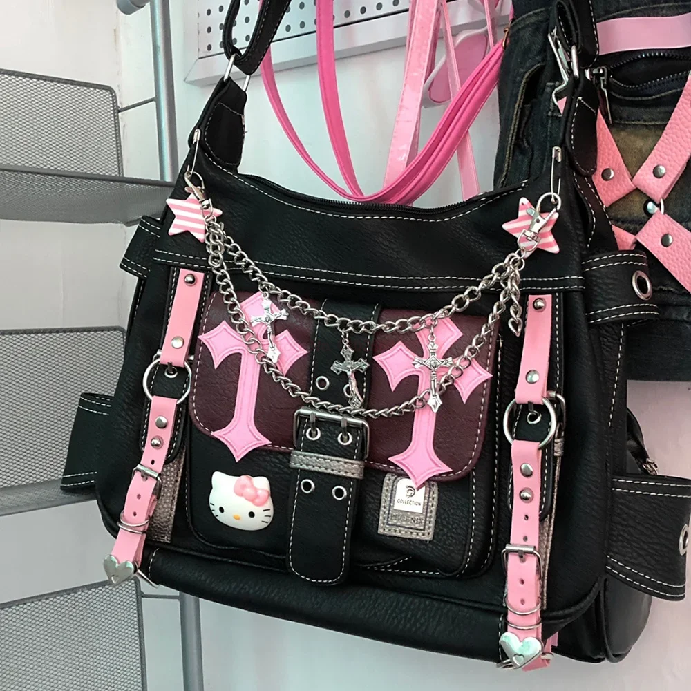 Sanrio Hello Kitty Gothic Punk Vintage Pink Cross Chains Crossbody Bags For Women Toys Hot Girl Handbag Trend Tote Bag Gift