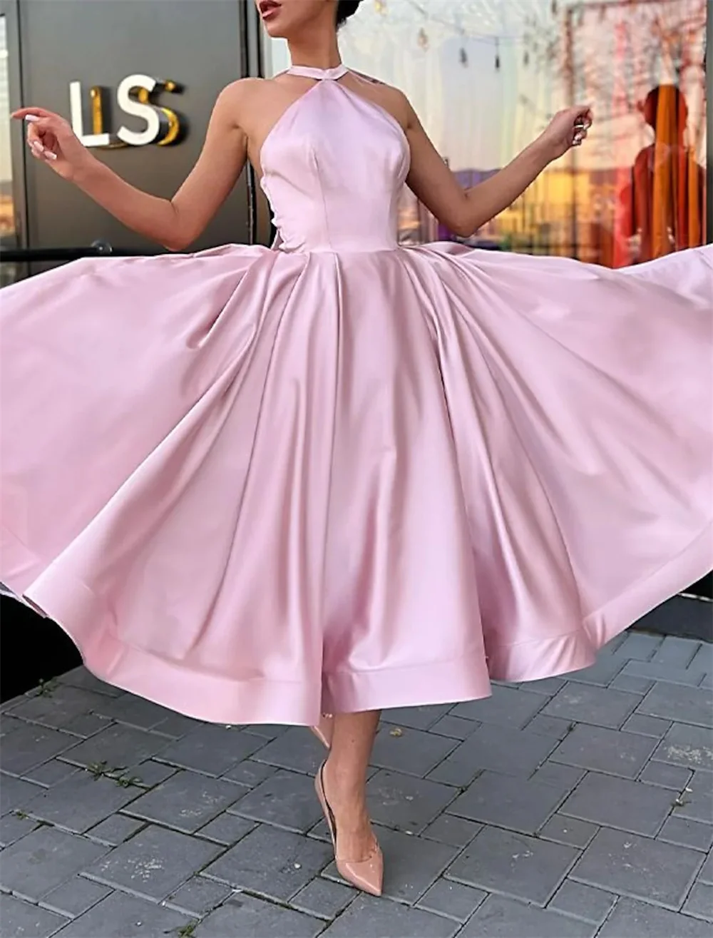 

A-Line Evening Dresses Elegant Puffy Dress Homecoming Wedding Guest Ankle Length Halter Neck Sleeveless Satin with Butterfly