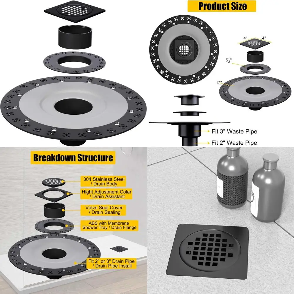 

4 Inch Stainless Steel Shower Drain Kit with 2 Inch ABS Flange for Schluter Kerdi Systems - Matte Black