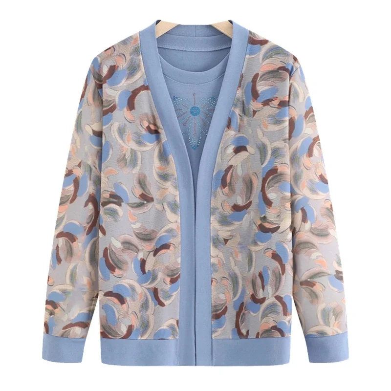 Women knitted Tops 2025 New Spring Autumn Long Sleeve Cardigan Two Pieces Suits Large Size Middle Age Female Elegant 2PCS Set
