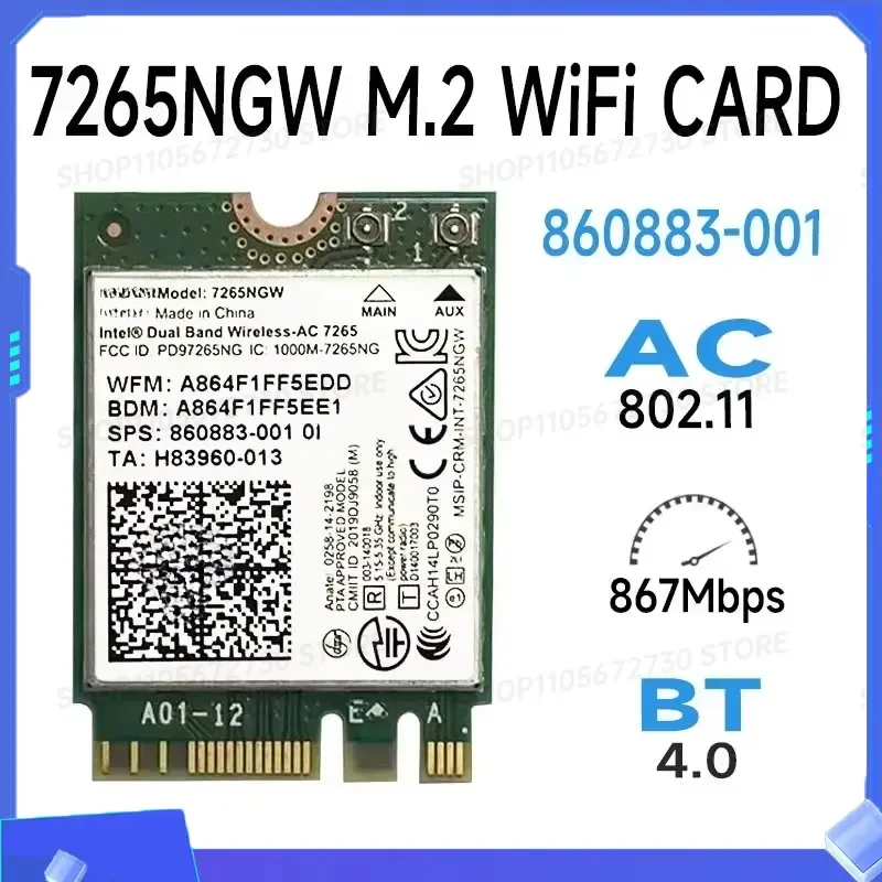 for Dual Band Wireless AC 7265NGW NGFF M.2 WLAN Card 802.11ac 867Mbps Bluetooth 4.0 Laptop WiFi Replacement Part