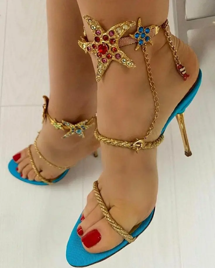 Blue Thong Stiletto High Heels with Rhinestone Starfish Ankle Bracelet Set, Ocean Style Sandals for Vacation & Evening Party