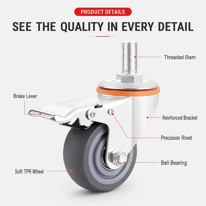 TPR Rubber Threaded Stem Caster Wheels with Screws 1.5-5 Inch M8 M10 M12 M16 Swivel Brake Castors for Furniture Cart