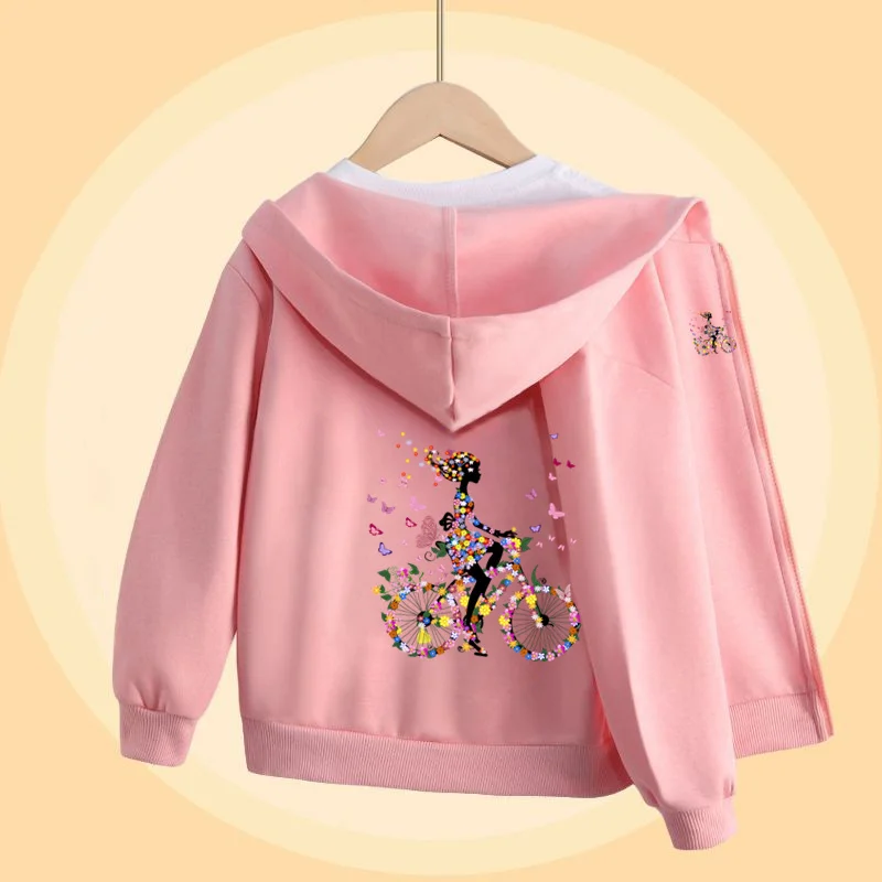 Butterfly Bike Cartoon Sweatshirt für Mädchen Herbst Langarm Mäntel Mädchen Baumwolle Hoodie mit Reißverschluss 5-14T