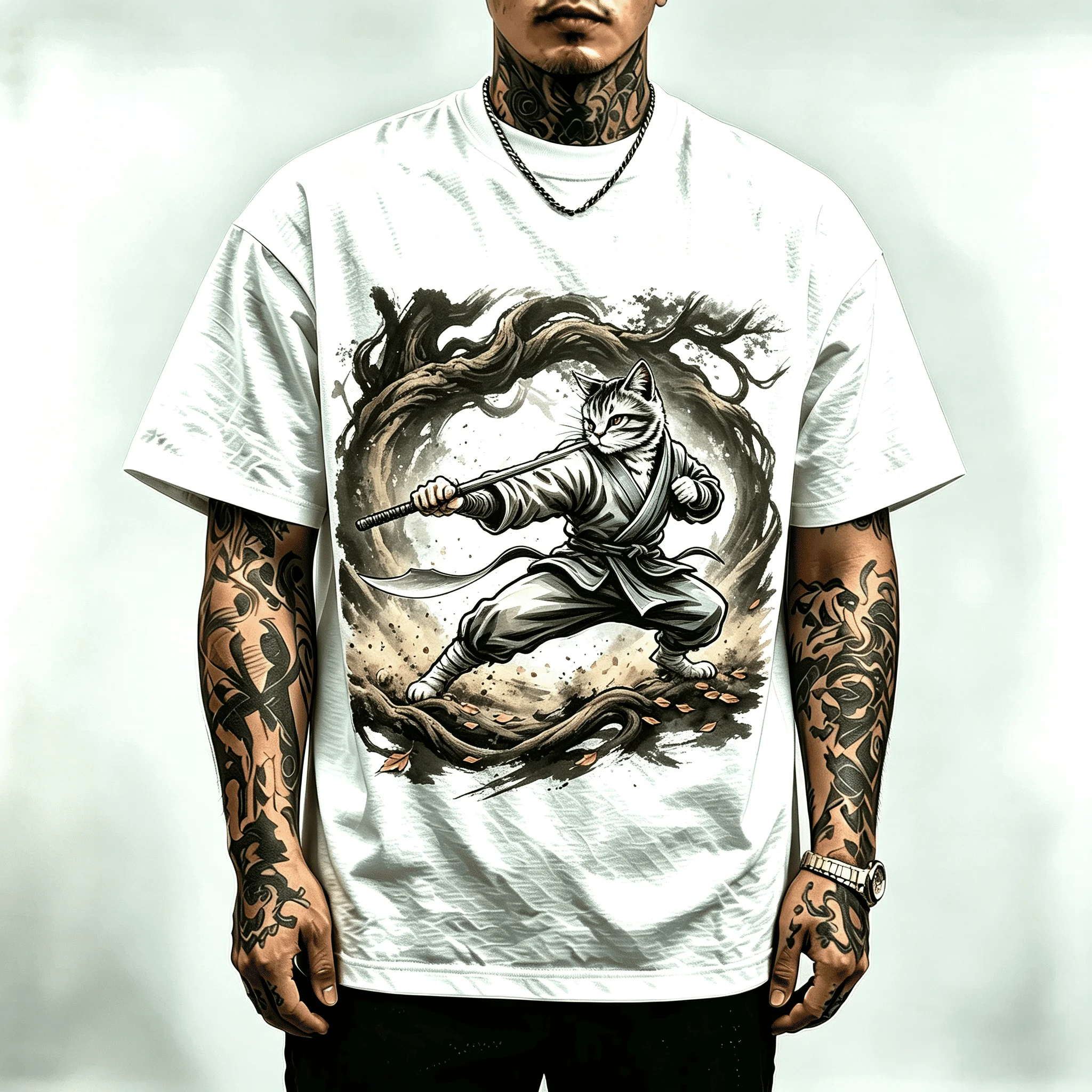 Japanese Samurai Cat Graphic Tshirt Men Women Unisex Retro Kung Fu Kitten Print Casual Streetwear Cotton Short Sleeve T Shirt