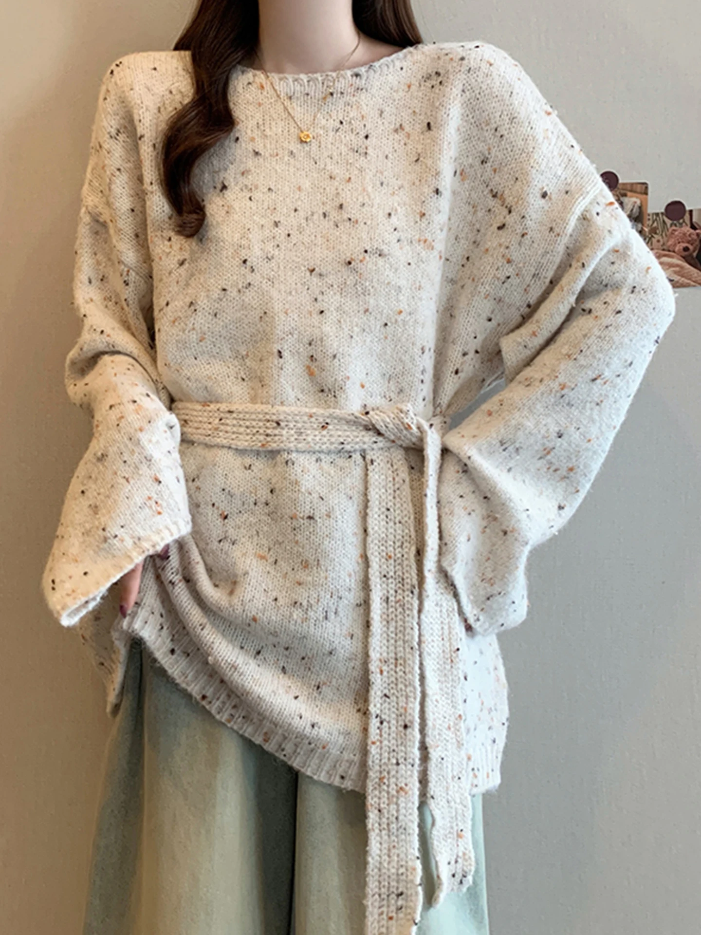 

Свободный вязаный свитер для женщин больших размеров на весну-осень-зиму, скрывающий бедра и талию