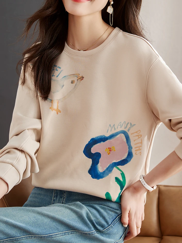 

Vintage Fashion Printed Sweatshirts Women 2023 New Long Sleeve Loose Casual Streetwear Pullovers Female Fall Tops Jumper Apricot