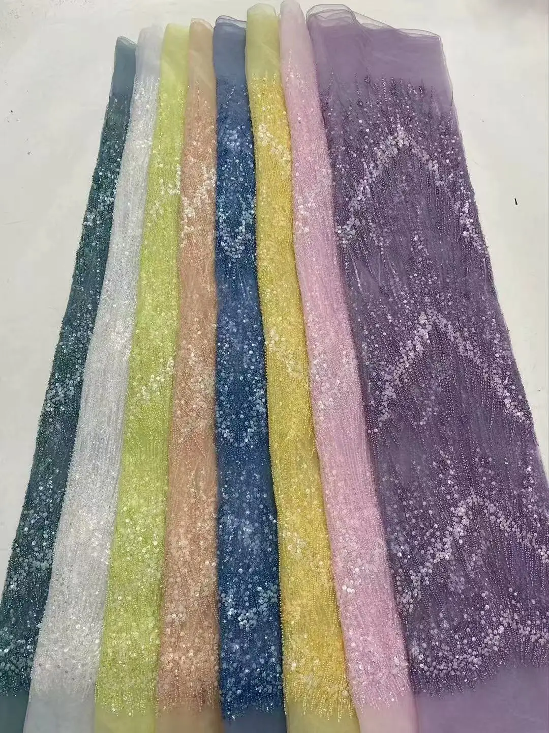 

Gold Latest French Tulle Beaded Sequins Lace Fabric 5 Yards 2025 High Quality Nigerian African Lace Fabrics For Wedding Party