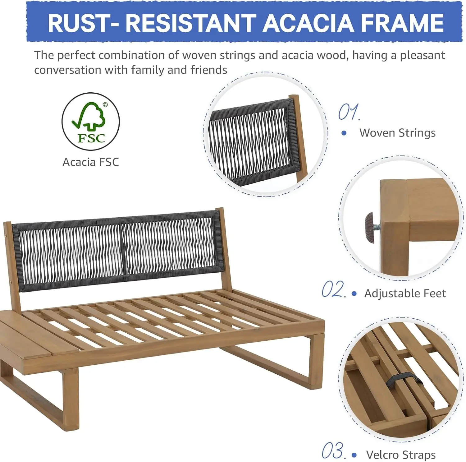 4 Piece Acacia Wood Patio Furniture L-Shaped Outdoor Sectional Sofa Set, FSC Certified Conversation Set with Table and Cushions