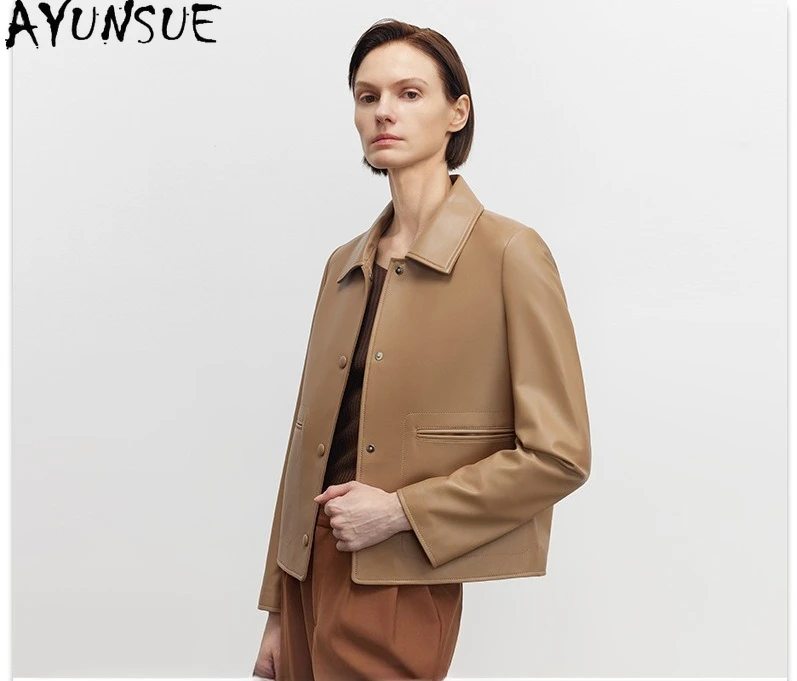 AYUNSUE chaqueta de cuero genuino para mujer 2025, chaquetas de piel de oveja Natural para mujer, ropa de primavera y otoño, ajustada, ajustada, informal