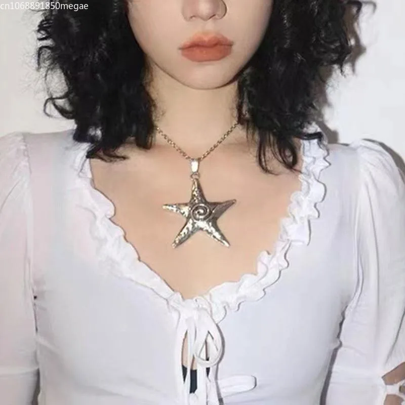 القوطية الهيب هوب فضي اللون الخماسي ستار سلسلة قلادة Y2K مجوهرات مبالغ فيها المعادن الكبيرة نجم البحر قلادة قلادة #1