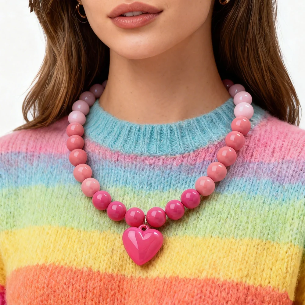 Neue bunte Acryl-Herz-Anhänger-Halskette für Frauen, Sommer, trendige handgefertigte runde Perlen, Y2K-Choker, Statement-Schmuck, Geschenk – Detail 9