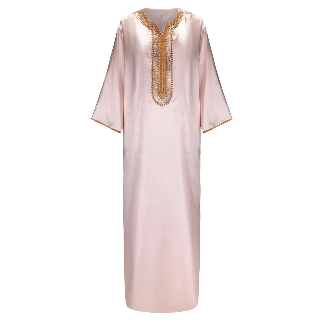 Arabic Men Abaya Jubba Thobe Embroidery Luxury Moroccan Dress Mid-sleeve Polyester Islamic Saudi Muslim Caftan Classic Jalabiya