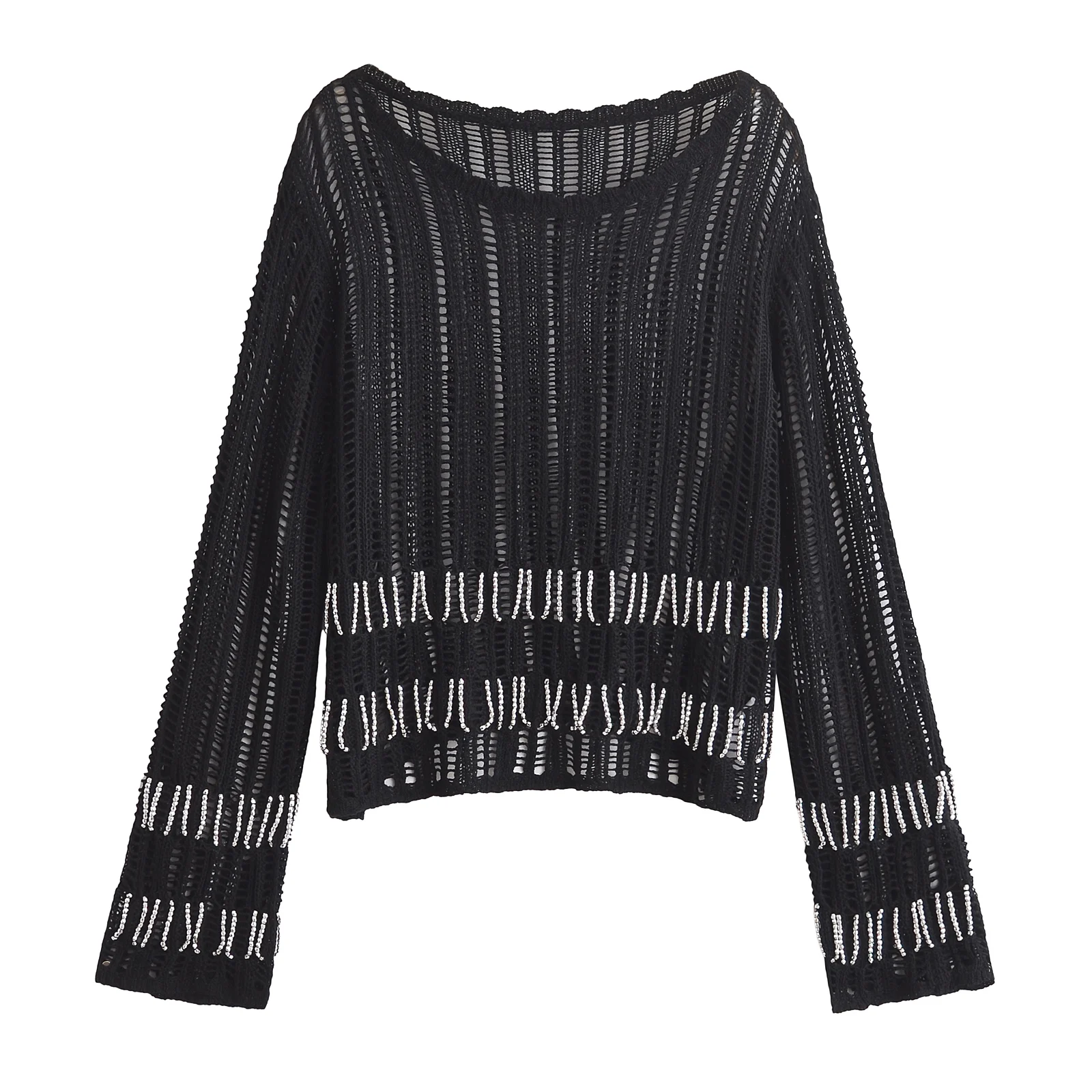 TRAF Hollow See-Through Sexy Knitted Sweater Autumn Genderless Nightclub Elastic Loose Versatile Long-Sleeved Sweater 4813808