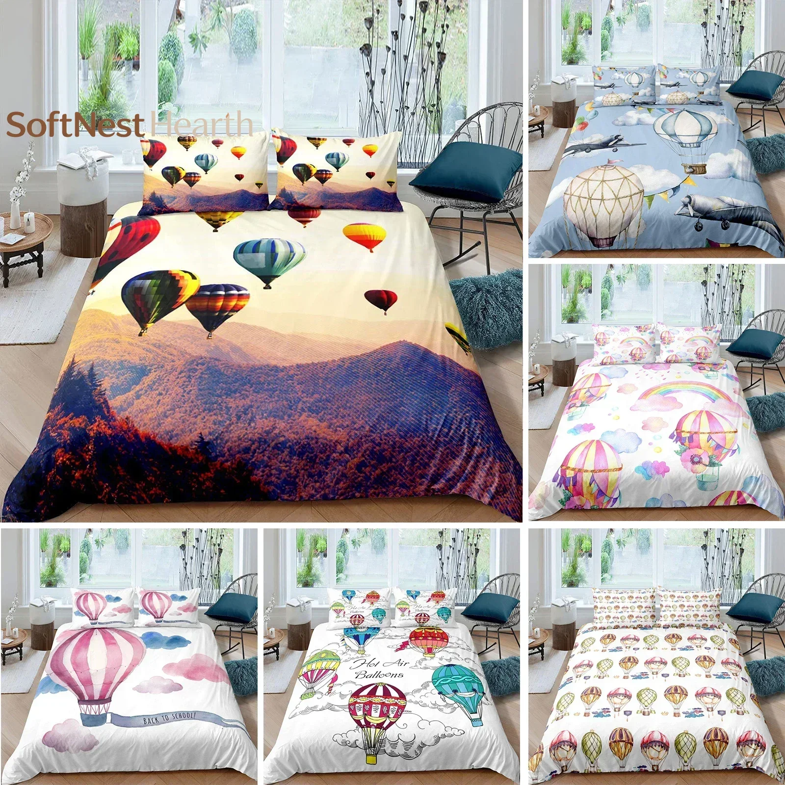 2026 Hot Air Balloon Duvet Cover Set Romantic Balloon Bedding Set Extreme Sports Games Comforter Cover Romantic Trip Twin Quilt