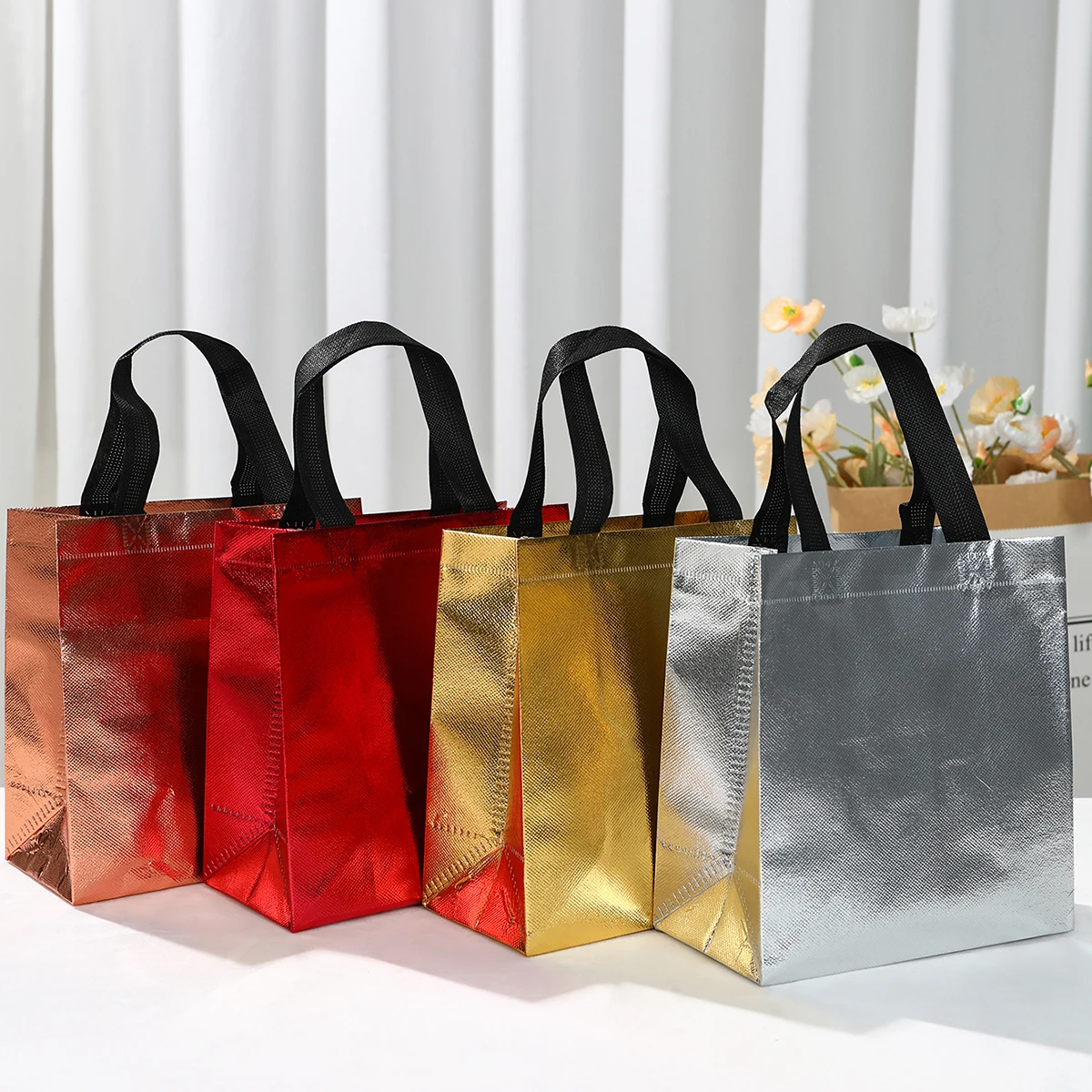 4pcs Reusable Non-woven Shopping Bags Large Capacity Travel Storage Bags Laser Glitter Handbag Grocery Tote Eco Bag