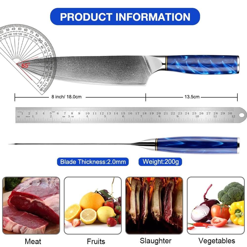 XITUO Japanese Damascus Chef Knife 8Inch High Carbon Steel Kitchen Knife Sharp Pro Meat Cutting Knife for Home & Restaurant Use