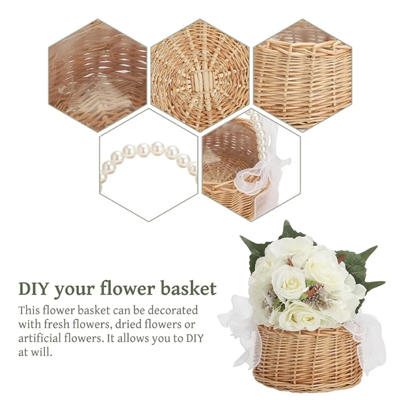 New Wicker Flower Girl Basket For Weddings, Rattan Flower Basket Handmade Flower Girl Basket With Handle And Ribbon
