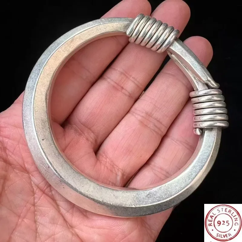 925 Silver Plated Miao & Dong Ethnic Bangle, Vintage Smooth Finish, Handmade Push-Pull Design, Minimalist Original Jewelry