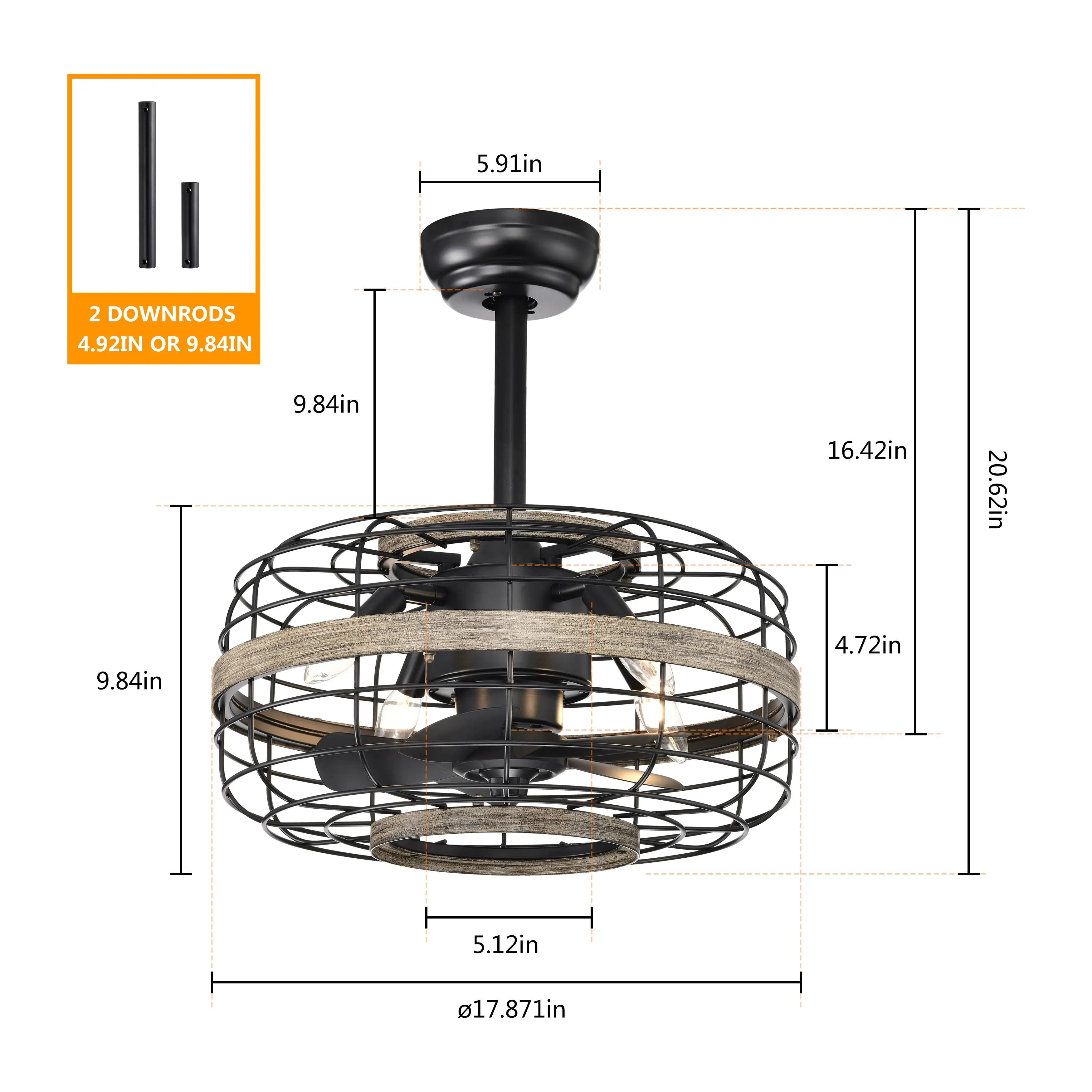 18'' Rustic Farmhouse Ceiling Fan with Remote - Adjustable 3 Enclosed Light for bedroom , Living Room, Kitchen