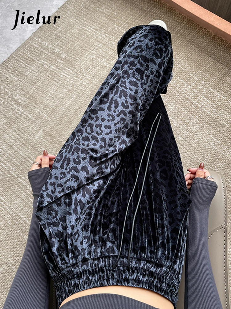Autumn Classic Leopard Print Loose Full Length Female Wide Leg Pants Fashion Drawstring Elastic High Waist Casual Women Pants