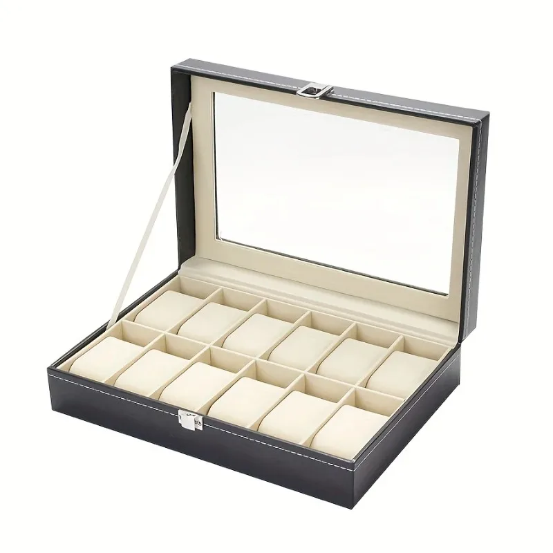 12 Slot PU Leather Watch Box Organizer Glass Lid Lockable Jewelry Display Case Holder Storage Case for Men Gift Travel ﻿