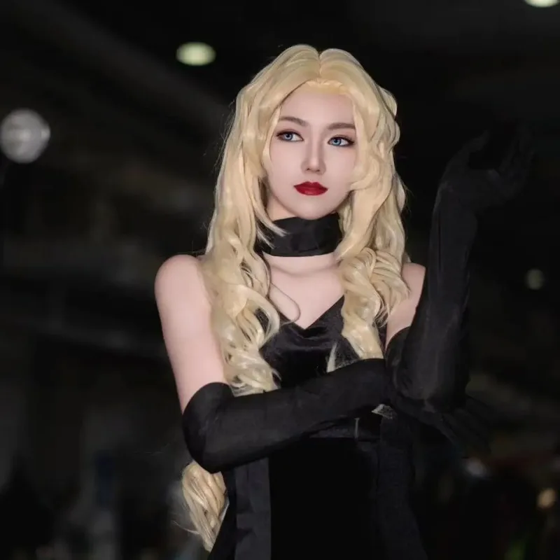 วิกผมปลอมสำหรับผู้หญิง สีทองอ่อน ผมยาวหยิก  แบบจำลองหนังศีรษะ ลอนใหญ่  แบบนักสืบโคนัน  แบบคลุมเต็มศีรษะ