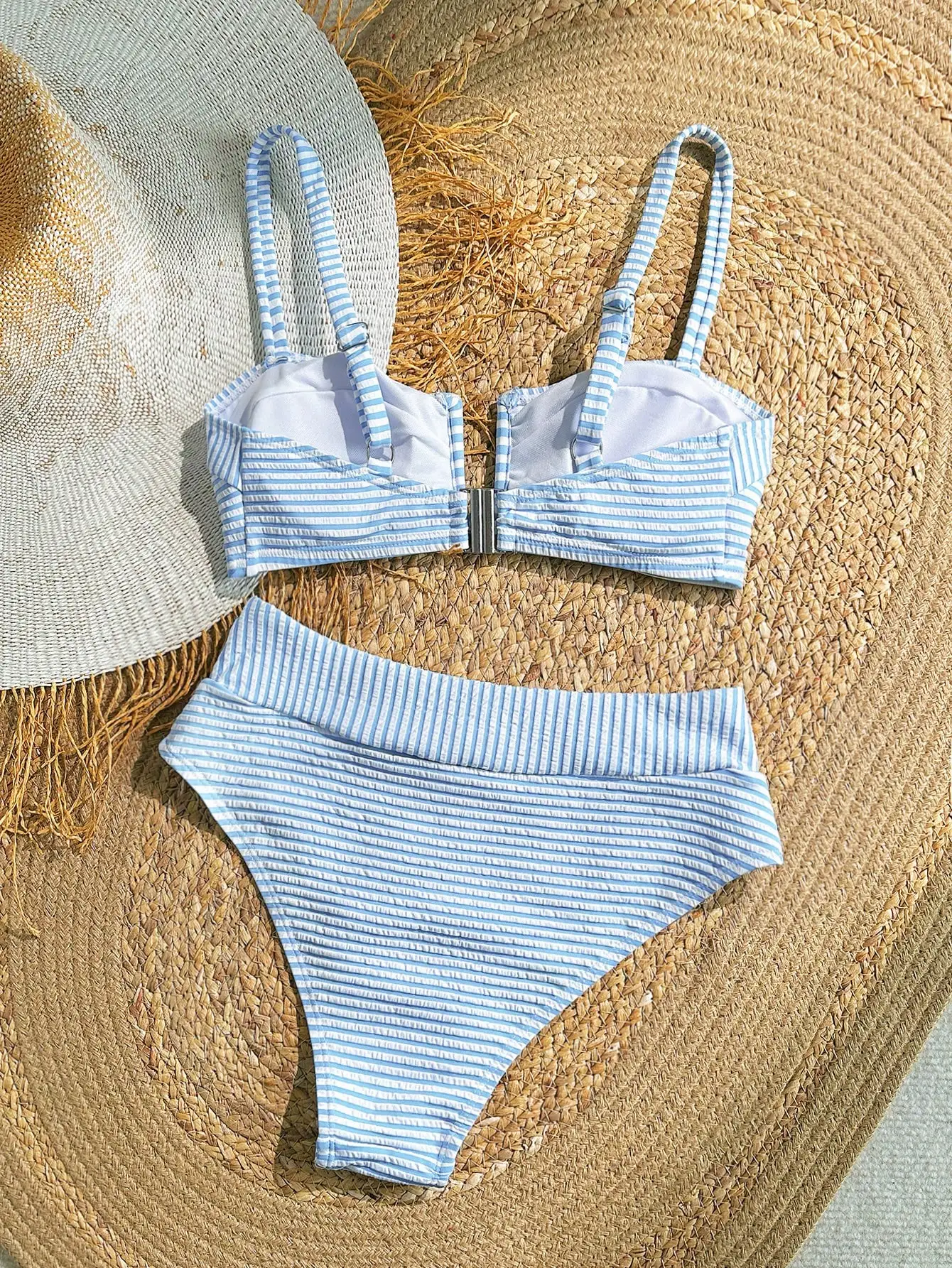 

Светло-голубой и белый купальник с вертикальными полосками и высокой талией, состоящий из двух частей, для женщин, летний пляжный комплект для купания