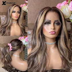 Glueless Full Lace Wig com elástico, Honey Blonde Highlights, marrom escuro, enraizado, HD, invisível, transparente