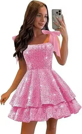 فساتين قصيرة لحفلات العودة للوطن على شكل حرف A مع أشرطة سباغيتي رسمية متدرجة وكشكشة للحفلات الراقصة بطول قصير فوق الركبة، صغير